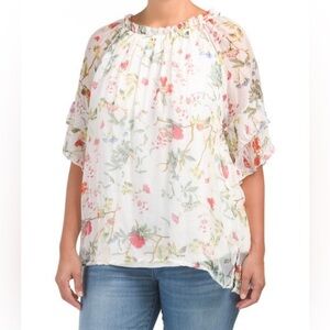 VIOLA BORGHI Sz 2X Floral Silk Blend Trumpet Sleeves Lined Scoop  Neck Blouse